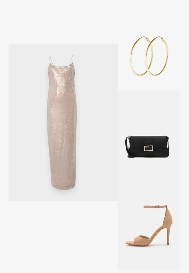 Blizgučiais siuvinėta vakarinė suknelė su spaghetti dirželiu, švelnios smėlio spalvos. Suknelė turi prigludusį siluetą ir sklandžią, blizgią tekstūrą.; ALDO CRERIDE PILLOW WALK - Sandalai - beige; Juodas odinis dėkliukas su atvarteliu ir auksinės metalinės sagties detalėmis. Įeina juodas diržas ir elegantiškas, minimalistinis dizainas.; Aukso auskarai žiedai su lygia, apvali forma ir blizgiu paviršiumi. Lengva konstrukcija su saugiu užsegimu.
