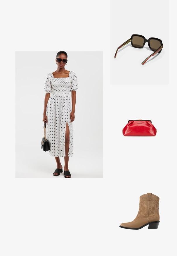 Abito bianco a pois con maniche a sbuffo, corpetto arricciato e uno spacco laterale. Abbinato a sandali neri con tacco a blocco e una borsa nera.; Stivale alla caviglia western in suede marrone con punta appuntita, design ricamato e tacco basso impilato nero. Dotato di linguette di pull per una facile calzatura.; Occhiali da sole neri oversize con lenti marroni. Presentano bracci unici a strisce verdi e rosse, con dettagli in metallo dorato. Forma quadrata.; Borsetta a pochette in pelle rossa con chiusura a telaio in tono oro e un piccolo etichetta del marchio "Wittchen" al centro anteriore.