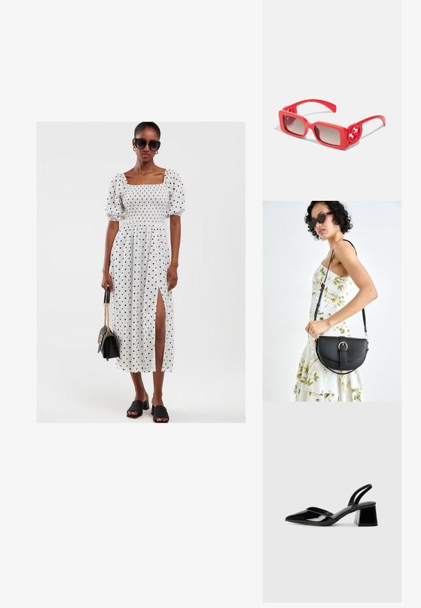 Witte jurk met stippen, pofmouwen, smock-bust en een split aan de zijkant. Combinatie met zwarte blokhak sandalen en een zwarte handtas.; Zwarte gepatineerde leren slingback hakken met een spitse neus en een geometrische blokhak. Kenmerkt zich door een slank, minimalistisch ontwerp en een gladde textuur.; Rode plastic zonnebril met vierkante monturen, verlooplenzen en ronde logo-accenten op de slapen. Glad oppervlak met een glanzende afwerking.; Zwarte leren handtas met een gebogen vorm, afneembare schouderband en gouden hardware. De tas heeft een klep met een gespsluiting.