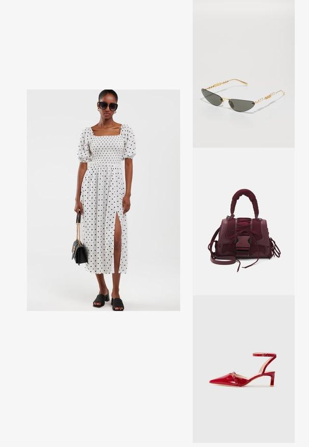 Vestido blanco con lunares, mangas abullonadas, corsé fruncido y una abertura lateral. Combinado con sandalias de tacón cuadrado negras y un bolso negro.; Tacón de charol rojo con punta afilada, correa en el tobillo y un tacón cuadrado bajo. Presenta un detalle decorativo de hebilla.; Gafas de sol con marco dorado y lentes gris oscuro. Forma de ojo de gato única. Las patillas cuentan con cuentas doradas alternas y acentos de perla.; Steve Madden BDIEGO - Bolso de mano - cranberry