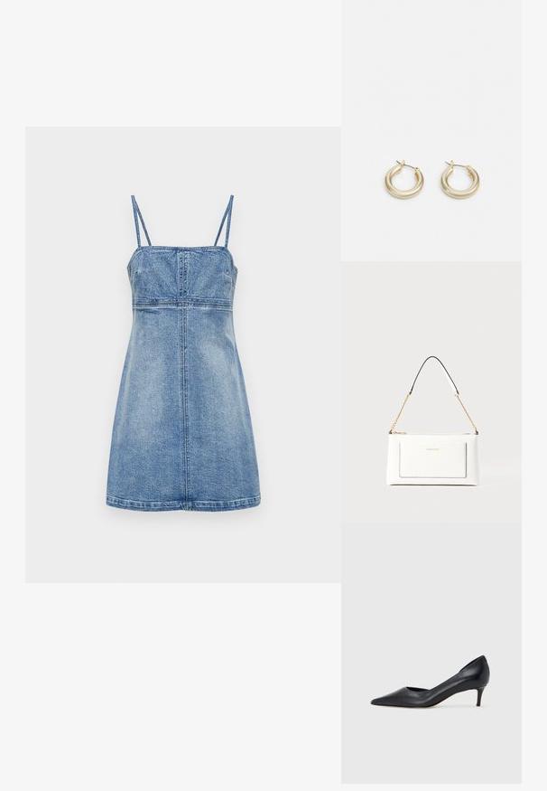 Világoskék farmerruha, ujjatlan, vékony pántokkal, testhez álló felső résszel és bővülő szoknyával, függőleges varratokkal és egyenes szegéllyel.; Fekete bőr magassarkú cipő hegyes orral és alacsony sarokkal. Sima felülettel és enyhe fényű kialakítással rendelkezik. Az elején nyitott részlet a fokozott díszítésért.; Fehér bőr kézitáska, texturált felülettel, arany lánccal és fekete részletekkel. Elülső zsebbel és cipzáros zárással rendelkezik.; Lauren Ralph Lauren BASIC SMALL HOOP - Fülbevalók - gold-coloured