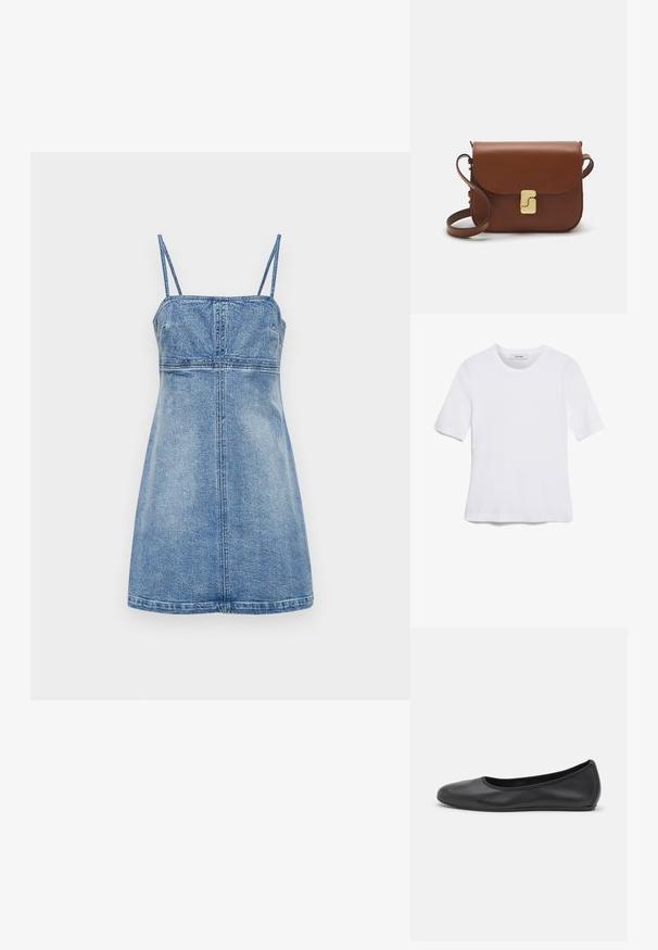 Denim haljina svijetloplave boje, bez rukava s tankim trakama, usko krojena u kroji, sa lepršavom suknjom, koja ima vertikalne šavove i ravni rub.; Bijela majica s kratkim rukavima izrađena od rebraste tkanine. Okrugli izrez, klasičan kroj i suptilni detalji šivanja. Bez uzoraka ili grafika.; Crne kožne baletanke s zaobljenim vrhom, glatke teksture, minimalnim detaljima šavova i fleksibilnim dizajnom potplata.; Smeđa kožna torba s preklopom, zlatnim detaljima, remenom za nošenje preko ramena i glatkom teksturom. Kompaktni pravokutni oblik.