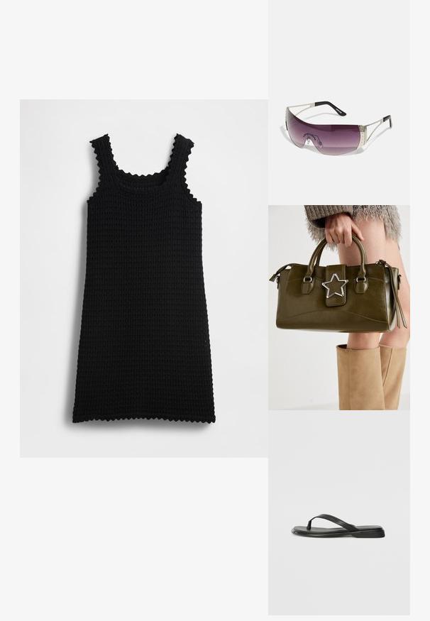 Mustasta neulotusta toppimekosta, jossa on aaltoilevat reunat, suorakulmainen muoto, teksturoidulla kuviolla ja olkaimet, esitetty yksiväristä taustaa vasten.; Mustat varvastossut, joissa on sileä nahkapinta, ohut hihna ja litteä pohja, jossa on minimalistinen muotoilu. Ei huomattavia kuvioita tai koristeita.; Aurinkolasit, joissa on suuret, kaarevat violetit linssit, hopeiset metallikoristeet ja mustat templet, joissa on logo. Kehyksissä on näkyviä teksturoituja yksityiskohtia.; Vihreä oliivinvärinen mokkanahkainen käsilaukku, jossa on hopeinen tähti koristeena, kaksinkertaiset kahvat ja vetoketjusulku. Teksturoitu pinta ja rakenteellinen muoto.