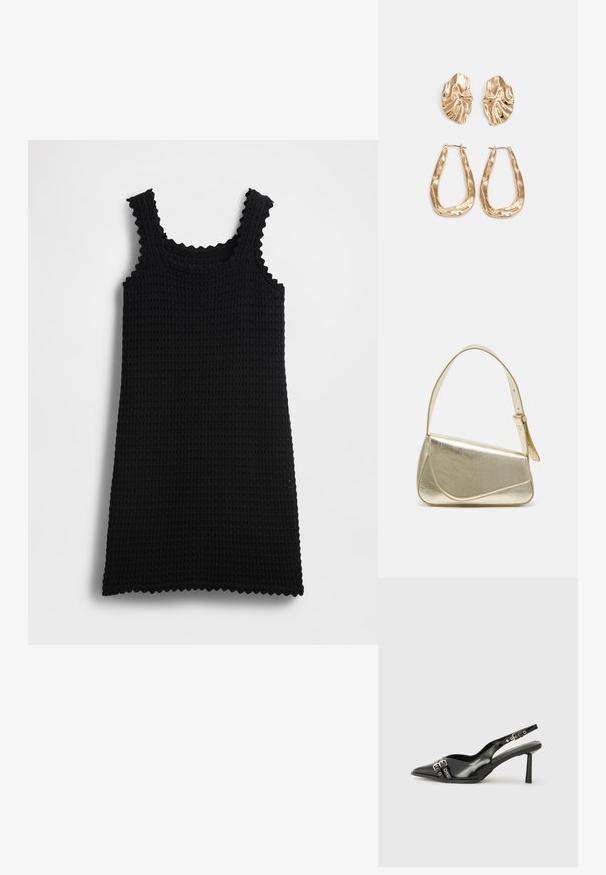 Črna pletena obleka brez rokavov z valovitimi robovi, pravokotne oblike, teksturiranim vzorcem in naramnicami, prikazana na enobarvnem ozadju.; Črne patentne usnjene sandale s koničastim nosom, zankami okoli gležnja s srebrnimi sponkami in opremo ter vitkimi petami.; Zlata metalna torbica z urejenim dizajnom, gladko teksturo in nastavljivim trakom. Ima edinstveno trikotno obliko in minimalistično šivanje.; Zlato obarvani uhani z teksturiranimi, valovitimi oblikami. Vključujejo skulpturalne sponke za ušesa in odprto obliko obročka s kladivastim finišem.