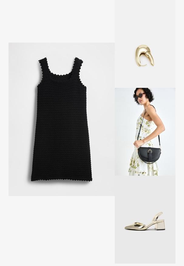 Melns adīts krekls ar izgriezuma apmalēm, taisnstūrveida forma, teksturēts raksts un plecu siksnas, attēlots uz vienkrāsaina fona.; Zeltaini, metāla kurpes ar siksniņām, norakans purngalis un masīla papēdis. Gluda tekstūra, minimālisma dizains un šaura siksna.; Melnas ādas rokassoma ar izliekta formu, noņemamu siksnu un zelta aksesuāriem. Somai ir vāciņš ar sprādzes detaļu.; Zeltīti metāla auskari ar gludu, izliekta dizaina. Ar atšķirīgu smailu formu, pulētu virsmu un eņģu aizdari.