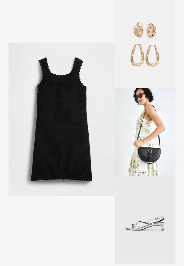 Fekete, kötött ujjatlan ruha hullámos szegéllyel, téglalap alakú, texturált mintával és vállpántokkal, egyszerű háttér előtt bemutatva.; Ezüst színű fémes slingback szandál alacsony sarokkal, keresztezett pántokkal és sima felülettel. Minimalista dizájn.; Fekete bőrtáska ívelt formával, levehető pánttal és arany színű fémrészekkel. A táskán egy csattal díszített fedél található.; Aranyszínű fülbevalók, texturált, hullámos formákkal. Tartalmazza a szobrászati klipszes studokat és az open hoop kialakítást, kalapácsos felülettel.