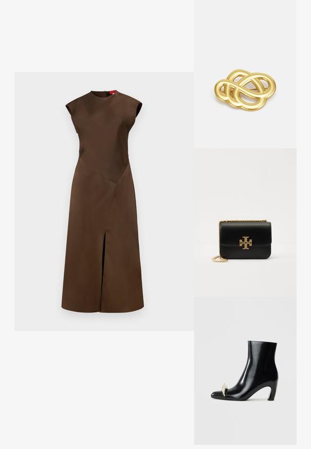 Ruskea hihaton mekko, jossa on kulmikas muotoilu ja joka on valmistettu sileästä kankaasta. Ominaisuuksiin kuuluu korkea kaula-aukko ja edessä oleva halkio lisäyksinä.; Mustat nilkkurit, jotka on valmistettu kiiltävästä nahasta, ja joissa on terävä kärki sekä koristeellinen kultainen ja hopeinen aksentti edessä. Laiton korko.; Mustat nahkalaukku kultasävyisellä ketjuolkaimella ja logotunnuksella. Ominaisuuksiin kuuluu suorakulmainen muoto ja taitettavalla läpällä. Tasainen pinta.; Kultasävyinen rinnaneula, jossa on solmittu muotoilu, sileät, kaarevat viivat ja monimutkainen muoto, heijastaen kiiltävää pintaa.