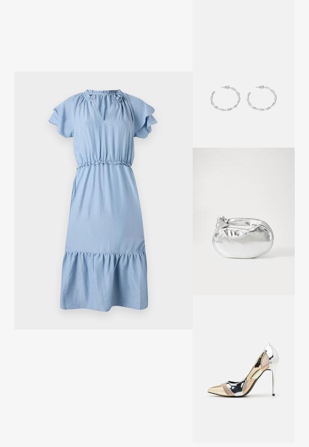 Hele sinine puuvillane kleit lühikeste volangidega varrukatega, kogutud taljega ja laieneva hemiga. Omab võtmeauku kaelaava detaili.; Kitsas toe kõrge kontsaga kingad, millel on hõbedane, kuldne ja nude värvilahendus. Läikiv viimistlus lõikekujundusega, stiletto konts.; Hõbedane metallikoti kott pehme, ümar kuju ja sõlme ülemise sulgemisega. Valmistatud siledast kunstnahast materjalist.; Hõbedased rõngaskõrvarõngad keerutatud disainiga, millel on poleeritud viimistlus ja posti-tagune sulgemine. Diameeter umbes 3 cm.