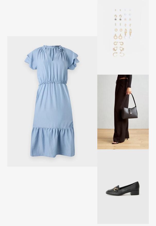 Light blue cotton dress with short ruffled sleeves, a gathered waist, and a flared hem. Features a keyhole neckline detail.; Black leather loafers with a flat heel, featuring a decorative gold hardware detail on the front and a smooth texture.; Black handbag with structured shape, smooth texture, and a metallic clasp. Paired with wide black pants and open-toe sandals on wooden floor.; Set of gold-tone earrings featuring various designs, including studs, hoops, and dangling pieces with pearls and rhinestones.