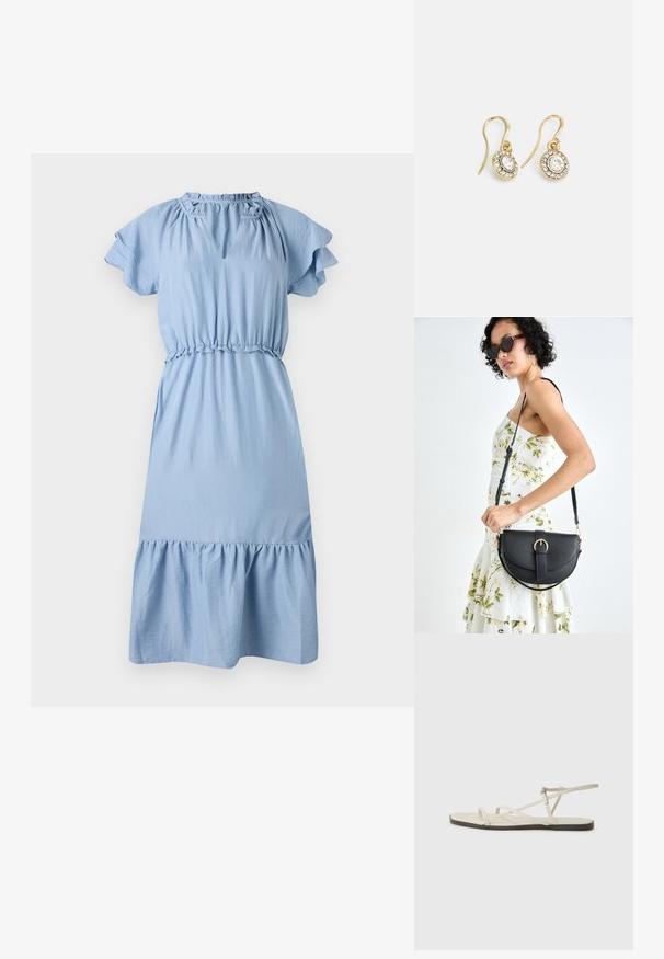 Hellblaues Baumwollkleid mit kurzen, gerafften Ärmeln, einer gerafften Taille und einem ausgestellten Saum. Mit einem Schlüssel-Ausschnitt-Detail.; Beige flache Sandale mit mehreren schlanken Riemen und einer verstellbaren Schnalle. Die Sohle ist flach und hat einen leichten dunklen Kontrast am Rand.; Schwarze Lederhandtasche mit geschwungener Form, abnehmbarem Tragegurt und goldenen Beschlägen. Die Tasche verfügt über einen Deckel mit einer Schnallen-Details.; Goldfarbene Ohrringe mit ovalen klaren Kristallen, die von kleineren klaren Steinen umgeben sind, und einem Haken-Design für sicheren Halt.