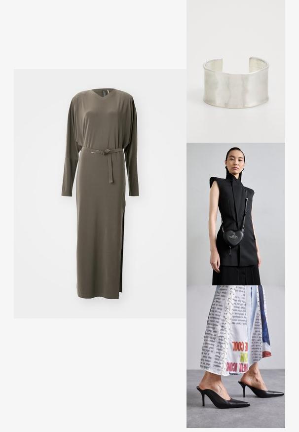 Olíva zöld, hosszú ujjú ruha V-nyakkal és övezett derékkal. Oldalsó hasítékokkal és sima, puha textúrával rendelkezik.; Fekete bőr mules cipő hegyes orral és stiletto sarokkal, fehér mintás ruhadarabbal párosítva, amely fűzős részletekkel rendelkezik.; Fekete ujjatlan felső, strukturált vállakkal, fekete bőr szív alakú keresztpántos táskával, ezüst hardware-rel és logó részlettel párosítva.; Zign Karkötő - silver-coloured