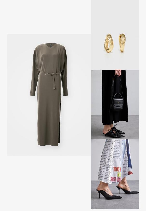 Alyvuogių žalia, ilgomis rankovėmis suknelė su V formos iškirpte ir diržo juosta. Su šoninėmis plyšiais ir glotnia, minkšta tekstūra.; Juodos odinės mules su smailiu pirštu ir stiletto kulnu, derinamos su baltu raštuotu drabužiu, turinčiu šniūruotų detalių.; Maža juoda odinė rankinė su apvalia forma, viršutine rankena ir nuimama dirželiu. Nešiojama su juoda audinio suknele ir juodais klostuotais bateliais.; Aukso spalvos žiedinės auskarai su sukimosi dizainu, turintys briaunuotą tekstūrą ir lygų paviršių. Lengvi ir tuščiaviduriai.
