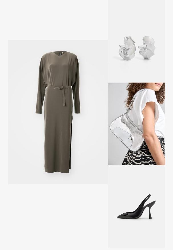 Oliwkowa sukienka z długim rękawem, z dekoltem w kształcie litery V i paskiem w talii. Posiada boczne rozcięcia oraz gładką, miękką teksturę.; Czółenka na obcasie z czarnej skóry z odkrytym piętą, o ostrym nosku, smukłym wysokim obcasie i dekoracyjną kokardą. Gładka tekstura i elegancki design.; Srebrna, metaliczna torebka na ramię o gładkiej fakturze, zakrzywionym kształcie, łańcuszkowym pasku oraz wypolerowanej przedniej części z delikatnym grawerem logo.; Srebrne kolczyki o płynnych, spiralnych wzorach. Gładka faktura z polerowanym wykończeniem. Posiadają subtelną poświatę i brak widocznych ozdób.