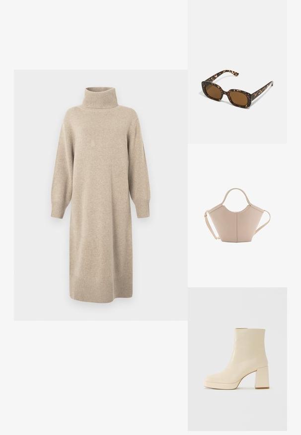 Beżowa sukienka z golfem wykonana z miękkiej dzianiny, z rękawami do łokcia i prążkowanym wykończeniem na dole. Prosta, prosta sylwetka.; Beżowe skórzane botki za kostkę na niskim obcasie z platformą, o gładkim wykończeniu i lekko kwadratowym nosku, skierowane w lewo na białym tle.; Okulary przeciwsłoneczne w kratkę z zaokrągloną, grubą oprawą i brązowymi soczewkami. Posiadają subtelne wzory oraz proste, zwężane zauszniki.; Beżowa skórzana torebka o unikalnym kształcie, z dwoma krótkimi uchwytami i długim, regulowanym paskiem. Gładka tekstura z minimalną ilością elementów metalowych.