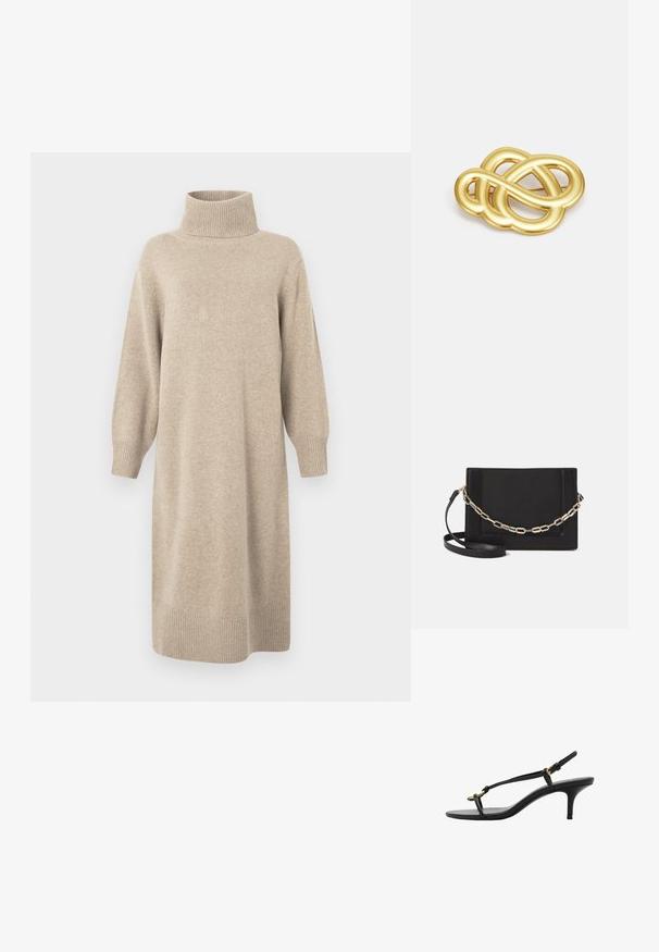 Vestito a collo alto beige in morbido tessuto a maglia, con maniche a tre quarti e orlo a coste. Semplice silhouette dritta.; Sandal con zeppa kitten nera in pelle, con sottili cinturini, fibbia dorata e una minimalista fascetta per le dita su sfondo bianco.; Borsa a tracolla nera in pelle con una texture liscia, forma rettangolare e dettaglio in catena metallica sul davanti. Inclusa una tracolla regolabile.; Spilla in oro con un design annodato caratterizzato da linee morbide e curve e una forma intricata, che riflette una finitura lucida.