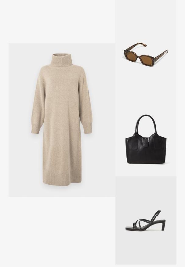 Rochie cu guler înalt bej, realizată dintr-un material tricotat moale, cu mâneci trei sferturi și tiv striat. Siluetă simplă, dreaptă.; Sandal cu barete negre, cu vârf pătrat și toc mic de bloc. Prezintă mai multe barete subțiri și o bareta ajustabilă la gleznă. Fabricat din piele netedă.; Ochelari de soare cu chelă de broască țestoasă, având un cadru rotund și voluminos, cu lentile maro. Prezintă modele subtile și brațe drepte, conice.; Geantă tote din piele neagră cu textură netedă, formă structurată, două mânere și un detaliu proeminent din aliaj de argint pe partea din față.