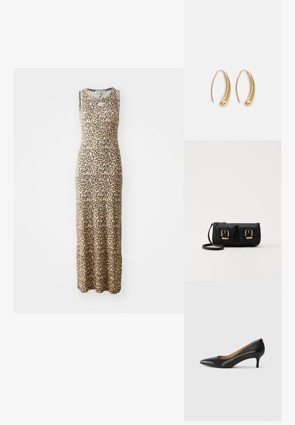 Vestido maxi sin mangas en beige con estampado de leopardo negro, con un escote redondo. Elaborado con una tela suave y elástica para mayor comodidad.; Zapato de tacón negro de cuero con punta afilada, tacón bajo y textura suave. Presenta una ligera apertura en la parte frontal y un hardware minimalista en la parte trasera.; Bolso cruzado de cuero negro con dos bolsillos frontales, hebillas doradas, cierre de cremallera y una correa delgada. Superficie texturizada y forma rectangular compacta.; Pendientes de aro de metal en tono dorado con una forma curva y alargada. Presentan una superficie lisa y brillante y una punta redondeada para mayor detalle.