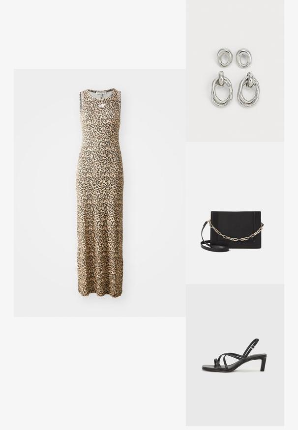 Mouwloze maxi-jurk in beige met zwart luipaardprint, voorzien van een ronde halslijn. Gemaakt van een zachte, rekbare stof voor comfort.; Zwarte sandaal met bandjes, vierkante teen en een lage blokhak. Voorzien van meerdere dunne bandjes en een verstelbare enkelband. Gemaakt van zacht leer.; Zwarte leren schoudertas met een gladde textuur, rechthoekige vorm en een metallic kettingdetail aan de voorkant. Verstelbare schouderband inbegrepen.; Zilverkleurige metalen oorbellen met twee ontwerpen: een gedraaide cirkelvormige hoop en een gladde cirkelvormige stud. Het reflecterende oppervlak versterkt de elegantie.