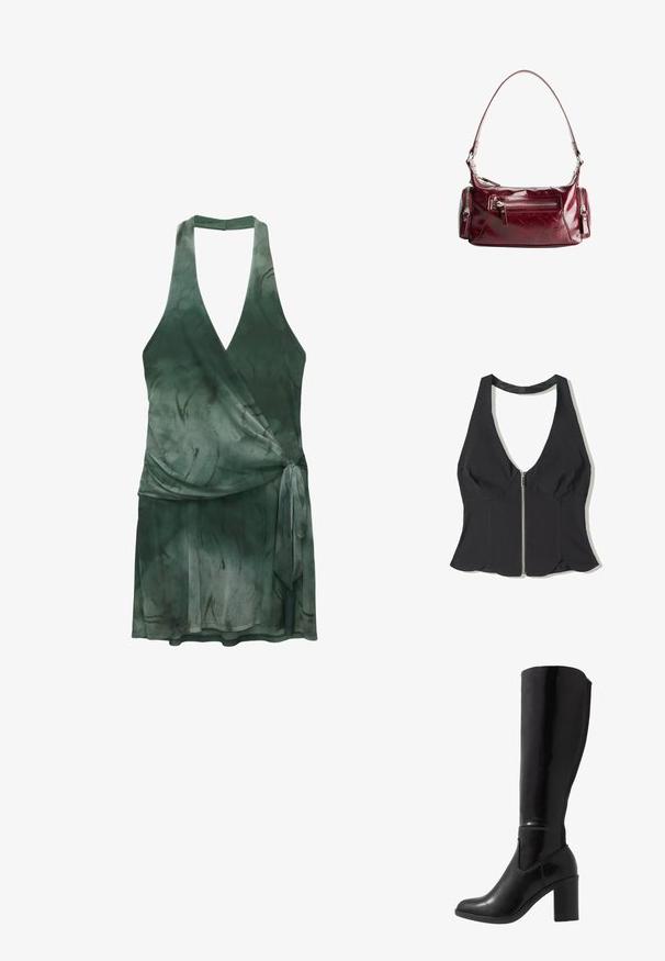 Haljina s preklopom od lagane tkanine u tamnozelenoj boji, s V-izrezom, dizajnom na halterneck, detaljem za vezanje u struku i lepršavim siluetom.; Crna halter majica izrađena od tkanine s dubokim V-izrezom, s prednjim zatvaračem i oštrim rubom na dnu. Bez uzoraka ili ukrasa.; Crne čizme sa visokom potkoljenicom, sjajne, s potpeticom, okruglim prstom, glatkom teksturom, bočnim izrezom i debelim složenim potpeticama.; Sjajna tamnocrvena kožna torba za rame s prednjim zatvaračem i dva mala bočna odjeljka sa zatvaračem.