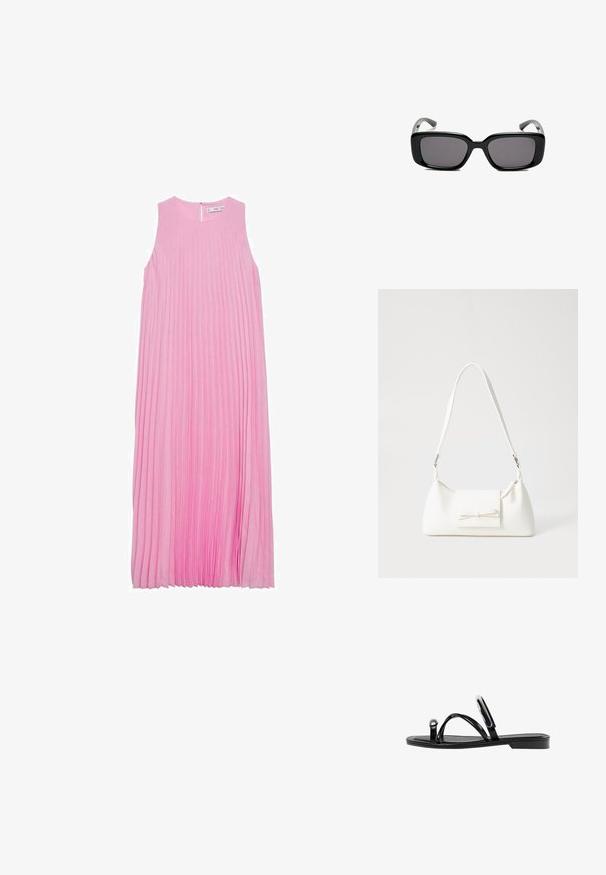 Mango Denní šaty - pink; Černé ploché sandály s lesklým povrchem, třemi tenkými popruhy a kulatým kovovým detailem na špičce. Elegantní design s minimálním podpatkem.; Černé obdélníkové sluneční brýle s tmavými skly, hladkým plastovým rámem a zakřivenými stranicemi. Design je robustní s minimalistickou estetikou.; Bílá syntetická kabelka v trojúhelníkovém tvaru, s plochým předním klopným víkem a detailem mašle, nastavitelným popruhem, hladkým povrchem a minimalistickým designem.
