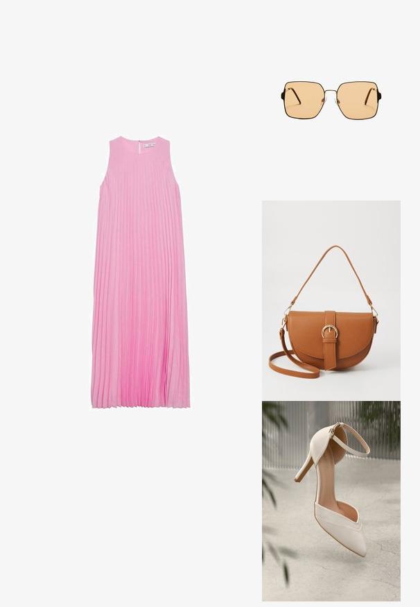 Mango Denné šaty - pink; Biele vysoké lodičky z hladkého materiálu s špicatou špičkou a členkovým remienkom. Majú svetlohnedý interiér a akcenty v zlatej farbe.; Štvorcové slnečné okuliare s hnedými sklami a tenkým čiernym kovovým rámom. Vlastnosti zahŕňajú šikmé ramienka a nastaviteľné nosové podložky pre väčšie pohodlie.; Hnedá kožená kabelka cez telo s zakriveným tvarom, zlatými kovovými doplnkami a akcentom s prackou. Obsahuje odnímateľný ramenný popruh.
