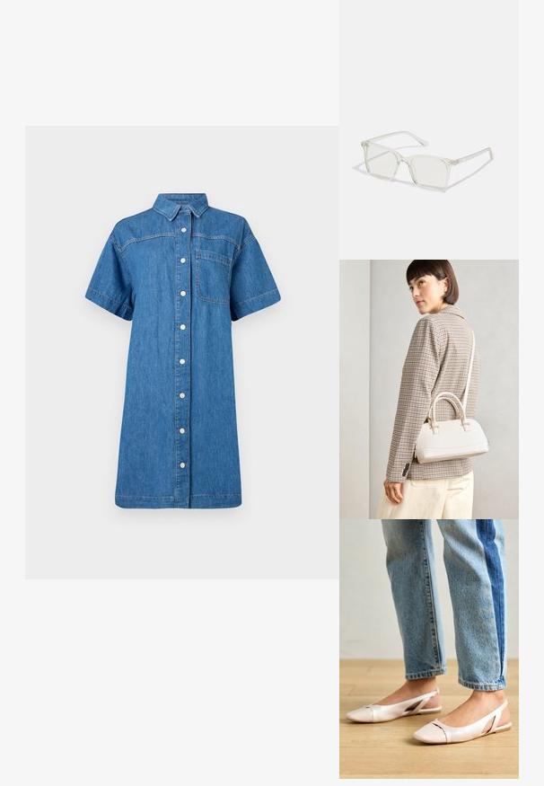 Rochie din denim de culoare albastră medie, cu mâneci scurte, închidere cu nasturi, un singur buzunar pe piept și o siluetă A-linie relaxată.; Sandalete plate de un roz pal cu vârf ascuțit, realizate dintr-un material asemănător pielii, neted. Prezintă detalii decupate pe laterale și un toc plat.; Ochelari de vedere cu rame pătrate din plastic transparent, dotate cu lentile translucide și accente aurii pe temple pentru un detaliu suplimentar.; Geantă structurată albă, cu mânere scurte și curea de umăr, având accente din metal aurit și material texturat, expusă pe un fundal gri.