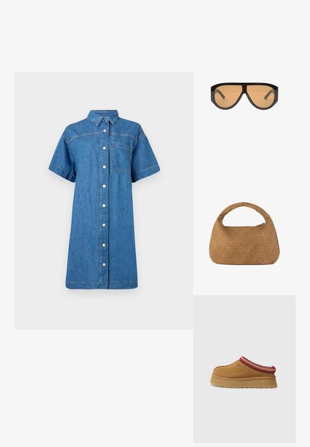 Džínová šaty košeľa v stredne modrej farbe, krátke rukávy, zapínanie na gombíky, jedna náprsní vrecko a uvoľnená silueta A-line.; Hnedá semišová obuv na slip-on s červeným a krémovým vzorovaným lemovaním, textúrovanou podrážkou a logom UGG na boku. Obsahuje mierne zvýšenú platformu.; Čierne slnečné okuliare v oversized štýle s hnedými sklami, s širokými, uhlovými obrúčkami a rovnými ramenami. Hladký lesklý povrch, minimálne hardvérové detaily.; Tkaná hnedá kabelka s zaoblenou rukoväťou, vyrobená z mäkkej kože. Obsahuje zips a zložitý vzor košíčkového tkania.