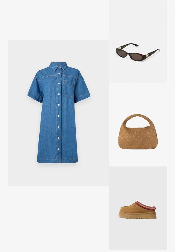 Vestido de camisa de mezclilla en azul medio, de mangas cortas, con cierre de botones en el frente, bolsillo en el pecho y una silueta A relajada.; Zapato de ante marrón sin cordones con ribete decorativo rojo y crema, suela texturizada y logo de UGG en el lateral. Presenta una ligera altura de plataforma.; Gafas de sol carey con lentes ovalados alargados, tintado marrón, acentos de logo dorado en las patillas y brazos negros elegantes.; Bolso de mano tejido en tono beige con asa redondeada, elaborado en cuero suave. Presenta un cierre con cremallera y un intrincado patrón de trenzado tipo cesta.