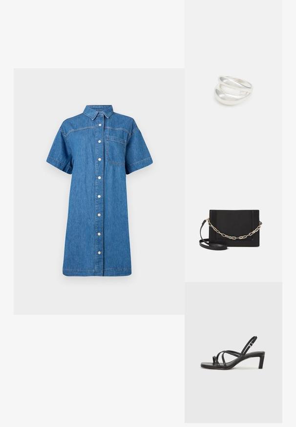 Denim-mekko keskisinisessä, lyhyillä hihoilla, nappi-etuosalla, yhdellä rintataskulla ja rento A-linjainen siluetti.; Mustat hihnalligat, joissa on neliön muotoinen kärki ja matala lohkokorko. Ominaisuuksiin kuuluu useita ohuita hihnoja ja säädettävä nilkkahihna. Valmistettu sileästä nahasta.; Musta nahkainen olkalaukku, jossa on sileä pinta, suorakulmainen muoto ja metalliketju yksityiskohtana edessä. Mukana säädettävä hihna.; Hopeinen kaksinkertainen rengas, jossa on sileä, kiillotettu pinta. Siinä on sulava, kaareva muotoilu, jossa on päällekkäisiä osia modernin ilmeen saavuttamiseksi.