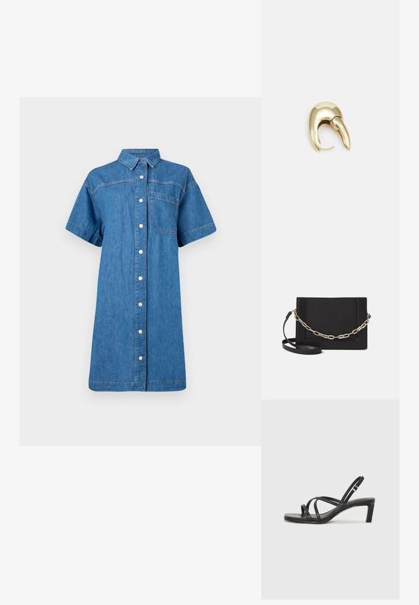Jeansowa sukienka koszulowa w średnim niebieskim odcieniu, krótki rękaw, zapięcie na guziki z przodu, jedna kieszeń na piersi oraz luźna sylwetka w kształcie litery A.; Czarne sandały na obcasie z prostokątnym noskiem i niskim słupkowym obcasem. Posiadają wiele cienkich pasków i regulowany pasek na kostkę. Wykonane z gładkiej skóry.; Czarna skórzana torebka typu crossbody z gładką teksturą, prostokątnym kształtem oraz metalowym detalem w postaci łańcuszka z przodu. W zestawie regulowany pasek.; Złote metalowe kolczyki o eleganckim, zakrzywionym kształcie. Posiadają charakterystyczny szpiczasty kształt, polerowaną powierzchnię oraz zapięcie na zawias.