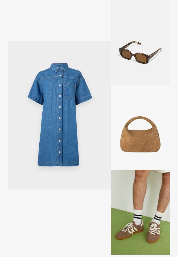 Keskmise sinise denimitähega kleit, lühikesed varrukad, nööpidega esikinnitus, üks rinna tasku ja lõdvestunud A-line siluett.; Prune nahkkingad valgete aktsentide ja paeltega. Kummikummist tallad. Kandu valgeid sokke mustade triipudega. Roheline tekstuuriga põrand.; Kilpkonnakilbi päikeseprillid ümmarguse, paksu raamiga ja pruunide läätsedega. Omab peeneid mustreid ja sirgeid, kitsenevaid käsi.; Kootud beež käekott ümmarguse käepideme ja pehme nahaga. Omab tõmbluku sulgemist ja keerukat korvi punumise mustrit.