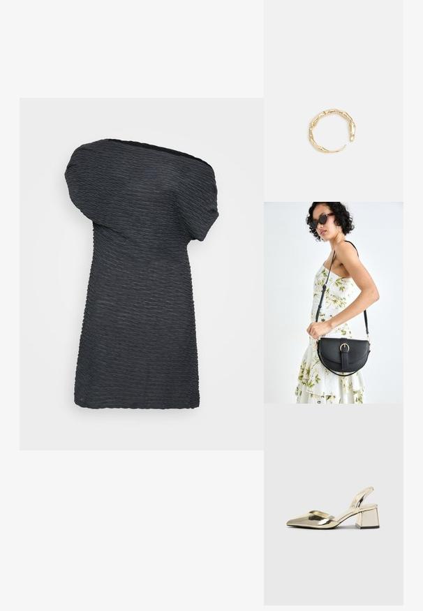 Asimetriška juoda suknelė, pagaminta iš tekstūrinio audinio, turi drapiruotą vienos peties dizainą ir tiesią apatinę dalį su banguotomis detalėmis.; Auksiniai, metaliniai slingback aukštakulniai bateliai su smailiu pirštu ir masyviu kulnu. Lygus paviršius, minimalizmo dizainas ir siaura juostelė.; Juodas odinis krepšys su išlenkta forma, nuimamu dirželiu ir auksiniais detalėmis. Krepšys turi kilpą su sagtimi.; Auksinės spalvos žiedas, turintis organišką, sukimosi dizainą su lygiu paviršiumi ir siaurėjančiais galais, sukuriantis modernią skulptūrinę išvaizdą.