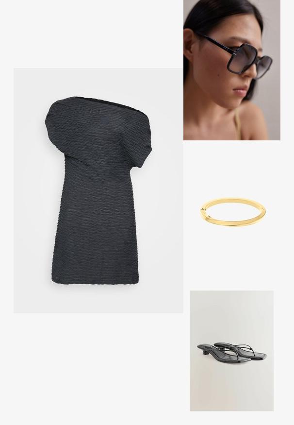 Asümmeetriline must kleit tekstureeritud kangast, millel on volditud ühe õla disain ja sirge äär, millel on lainelised detailid.; Must have faux nahkast slingback sandaalid, kus on krokodilli tekstuur, ruudukujuline varvas ja madal konts. Omab õhukesi rihmasid, mis ühendavad tallad.; Mustad ülemõõdulised prillid paksu raamiga, gradient objektiivid ja metallaktsendid templite juures. Suurendatud vaade, mis toob esile näo kontuurid.; Kerge, poleeritud kullast bangle käevõru sujuva ümarate kujunditega ja peene brändimisega. Omab seametuks jäänud disaini ja minimalistlikku esteetikat.