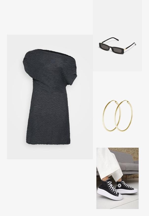 Asymetrické čierne šaty vyrobené z textúrovanej tkaniny, ktoré majú voľne drapovanú jednoramennú konštrukciu a rovný lem s vlnitými detailmi.; Čierne plátkové tenisky s vysokým strihom a bielymi gumovými podrážkami a šnúrkami. Majú okrúhly logotyp na boku a kontrastné biele stehy.; Čierne obdĺžnikové slnečné okuliare s tmavými šošovkami, lesklými plastovými rámami a zlatými akcentmi na spánkoch. Minimalistický dizajn a štíhly tvar.; Zlaté kruhové náušnice s hladkým, zaobleným dizajnom a lesklým povrchom. Ľahká konštrukcia s bezpečným zapínaním.