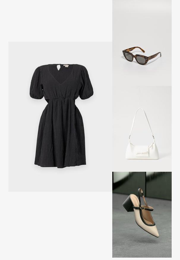 Fekete ruha puffos ujjakkal, V kivágással és texturált anyaggal. Derékpánttal és kulcslyuk részlettel a hátsó részen. Rövid hosszúságú.; Beige, hegyes orrú, pántos cipő fekete díszítéssel, arany csattal és vastag blokk sarokkal, szürke padlón, sötétzöld háttér előtt.; Tortúra napszemüveg, szögletes kerettel és szürke lencsékkel. Fényes felülettel rendelkezik, és diszkrét logó látható a szárakon.; Fehér szintetikus kézitáska, háromszög alakú, lapos előlap, masni részlettel, állítható pánttal, sima textúrával és minimalista dizájnnal.