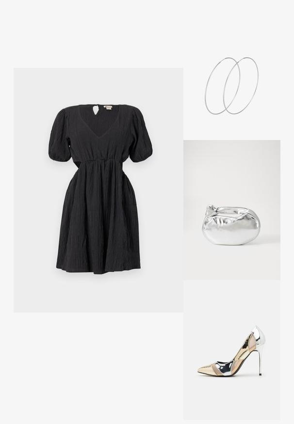 Črna obleka s napihnjenimi rokavi, V-izrezom in teksturirano tkanino. Ima pas in detajl s ključavnico na hrbtni strani. Kratka dolžina.; Čevlji z visoko peto in konico, v barvni kombinaciji srebrne, zlate in nude. Sijajna obdelava z izrezljanim dizajnom, z igličasto peto.; Srebrna kovinska torbica z mehko, zaobljeno obliko in zavezano zgornjo zaporo. Narejena iz gladkega umetnega usnja.; Srebrne uhane v obliki obroča z minimalističnim dizajnom. Krožna oblika, gladka tekstura in tanek profil. Lahki s poliranim zaključkom.