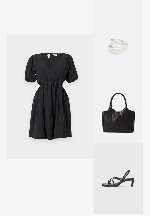 Black dress with puff sleeves, v-neckline, and a textured fabric. Features a waistband and a keyhole detail at the back. Short length.; Black strappy sandal with a square toe and a low block heel. Features multiple thin straps and an adjustable ankle strap. Made of smooth leather.; Black leather tote bag with smooth texture, structured shape, two handles, and a prominent silver buckle detail on the front.; Silver double-band ring with a smooth, polished surface. Features a fluid, curved design with overlapping sections for a modern look.