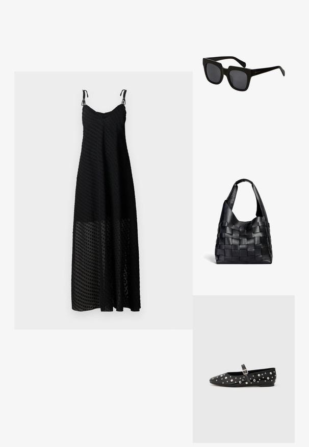 Robe maxi noire à spatules, avec un motif de pois texturé et un panneau inférieur transparent. Tissu léger, coupe décontractée.; Ballerines en cuir noir avec un bout pointu, ornées de clous en argent et d'une sangle à boucle sur le côté. Surface texturée avec une semelle plate.; Lunettes de soleil noires rectangulaires avec des montures en plastique épaisses et des verres sombres. Les branches sont élégantes avec une finition brillante et un marquage minimal.; Sac cabas en cuir noir tissé avec une forme décontractée et une large bandoulière. Caractéristiques d'un design texturé et entrelacé avec une finition lisse.