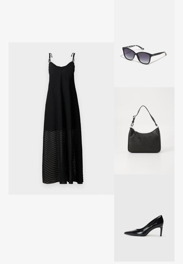 Rochie maxi neagră cu bretele subțiri, având un model texturat cu buline și un panou inferior transparent. Material ușor, croială lejeră.; Pantof de damă din piele neagră, cu toc înalt, vârf ascuțit, textură fină și toc conic. Design minimalist, fără embellishments suplimentare.; Ochelari de soare negri cu lentile degradate, formă pătrată și un templu cu un model texturat alb-negru. Prezintă un accent cu logo argintiu.; Geantă de mână din piele neagră, cu o formă curbată, curea unică, închidere cu fermoar și un branding subtil pe față. Textură fină, design minimalist.