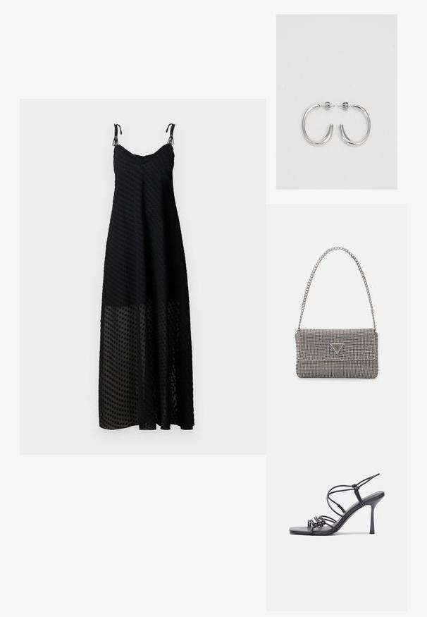 Musta maksimekko spagettihihnoilla, jossa on teksturoitu pilkkukuosi ja läpikuultava alaosa. Kevyt kangas, rento istuvuus.; Mustat korkokengät sandaalit, joissa on ohuet hihnat solmittuna, sileä neliön muotoinen varvasosa ja tyylikäs stiletto-korko.; Vaalea harmaa metallinen käsilaukku, jossa on ketjusanka. Laukku on koristeltu pienillä pyöreillä metallikoruilla ja kolmion muotoisella brändilogolla.; Hopehopeet hopehopeet hopehopeet hopehopeet, jolla on sileä, kiiltävä pinta. Pyöreä muoto, kevyt rakenne, jossa on neulakiinnitys.