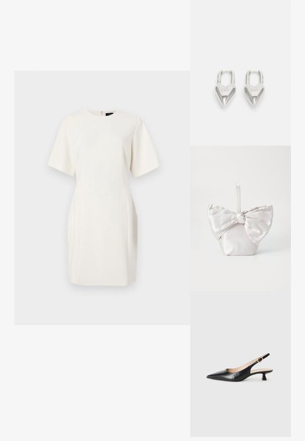 Lühikeste varrukatega valge kleit ümarate kaelustega, sirge lõikega, küljetaskudega ja seljal tõmblukuga. Sile, kerge kangas.; Must musta slingback kitten heel king must ja kuldne pandla külgrihmaga, valge tausta peal.; Valgest satiinkotist, mille esiküljel on suur lips. Kotil on struktureeritud kuju ja lühike, sile käepide.; Hõbedased südamekujulised lukuvidinad, millel on kohandatud "JAA" ja "EI" tekst, poleeritud viimistlus, sümmeetriline disain ja tugev metallist klamber.