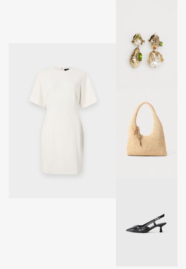 Vestido branco de manga curta com decote redondo, ajuste reto, bolsos laterais e fecho de correr nas costas. Tecido suave e leve.; Sapato slingback em couro preto com biqueira fina, tiras decorativas com ilhós de metal e um pequeno salto quadrado. Superfície texturizada.; Bolsa bege trançada com uma alça curva, superfície texturizada e detalhe de franjas castanhas. Apresenta um formato descontraído e estilo hobo.; Os brincos em tom dourado apresentam formas texturizadas irregulares, adornadas com pedras preciosas verdes e pérolas brancas, fixados com fechos de clip.