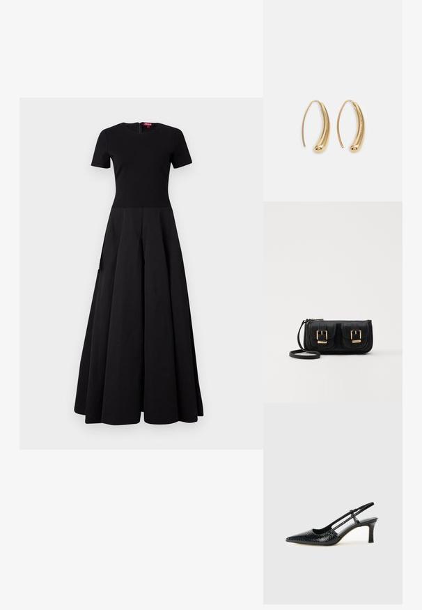 Mustmust dress, mille keha ja lühikeste varrukatega, millel on laienev seelik. Valmistatud siledast kangast, tagaküljel on peidetud tõmblukk.; Mustmust paelad, millel on terav varvas, tekstuuriga maduprindiga, reguleeritav rihm ja lühike tekstuuriga plokknina.; Must küllastamata nahast õlakott, millel on kaks esist nähtavat taskut, kuldsed pandlad, tõmblukuga sulgemine ja peen rihm. Tekstuuriga pind ja kompaktne ristkülikukujuline kuju.; Kuldtoonilised metallist rõngas kõrvarõngad, millel on kõver ja piklik kuju. Omavad siledat, läikivat pinda ja ümarat tipptugevdust, mis lisab detaili.