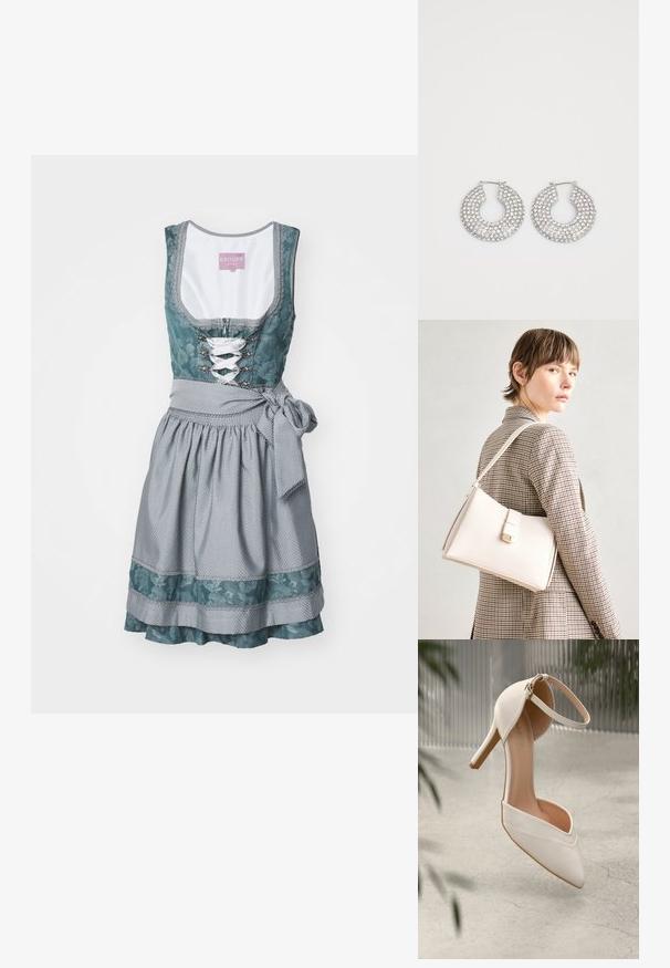 Krüger Dirndl Dirndl - light blue; White high-heeled shoe in smooth material with pointed toe and ankle strap. Features a light tan interior and gold-tone hardware accent.; White leather handbag with a structured design, featuring a magnetic clasp and a shoulder strap, showcased against a neutral background.; Silver hoop earrings adorned with multiple clear crystal embellishments, featuring a textured surface and an open circular design.