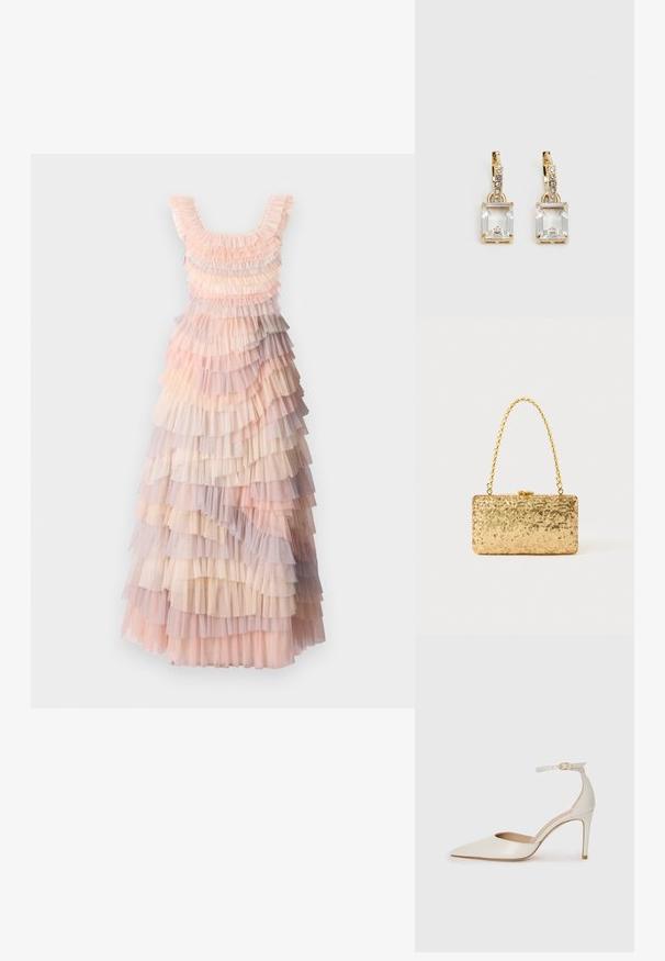 Maxi šaty s vrstvami s jemnými odtieňmi ružovej, krémovej a fialovej, tulle volánmi, textúrovanou látkou a okrúhlym výstrihom.; Biele kožené topánky na vysokom podpätku s špicatou špičkou, remienkom okolo členka a štíhlym stiletto podpätkom. Hladký povrch s jemným lesklým povrchom.; Zlatá flitrová listová taška s obdĺžnikovým tvarom, vybavená skrúteným reťazovým držadlom a kovovým uzatváraním, odrážajúca svetlo s textúrovaným povrchom.; Náušnice v zlatej farbe, ktoré majú obdĺžnikový, transparentný kryštál visiaci pod radom malých, guľatých, čírych akcentov. Elegantný, moderný dizajn.