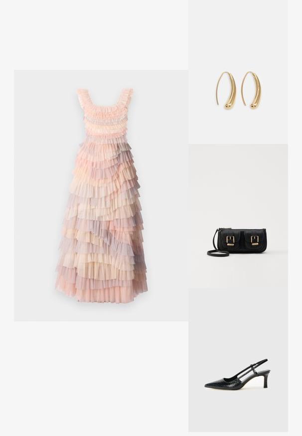 Réteges maxi ruha, amely lágy rózsaszín, krémszín és lila tüll fodrokkal, texturált anyaggal és kerek nyakkivágással rendelkezik.; Fekete lakk slingback sarok, hegyes orral, texturált kígyómintával, állítható pánttal és rövid, texturált tömbsarkal.; Fekete bőr keresztbody táska két elülső zsebbel, arany csattokkal, cipzáras záródással és vékony pánttal. Textúrált felület és kompakt téglalap alak.; Aranyszínű fémből készült karika fülbevalók ívelt, hosszúkás formával. Simaságával és fényes felületével, valamint lekerekített végével további részletekkel bővül.