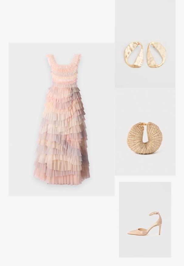 Kārtota maksi kleita, kas piedāvā maigus rozā, krēmkrāsas un violetus tilla volānus, strukturētu audumu un apaļu dekoltē.; Nude patentēta ādas kurpe ar noraksta siksnu un stiletto papēdi, ar gludu virsmu un minimālistisku dizainu.; Cult Gaia UBAH - Vakarsomiņa - wheat; Pāris neregulāras ovālas formas zelta toņos metāla auskaru ar teksturētu, nedaudz sitētu virsmu uz baltas fona.