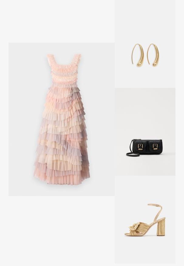 Robe maxi à plusieurs couches avec des teintes douces de rose, crème et volants en tulle lilas, tissu texturé et décolleté arrondi.; Sandales dorées à talons avec un devant noué, texture plissée et une bride de cheville. Le talon carré a un design strié, améliorant l'adhérence.; Sac en cuir noir porté en travers avec deux poches avant, boucles dorées, fermeture zippée et une sangle fine. Surface texturée et forme rectangulaire compacte.; Boucles d'oreilles en métal doré en forme d'anneau, avec une forme courbée et allongée. Elles présentent une surface lisse et brillante avec une pointe arrondie pour un détail supplémentaire.