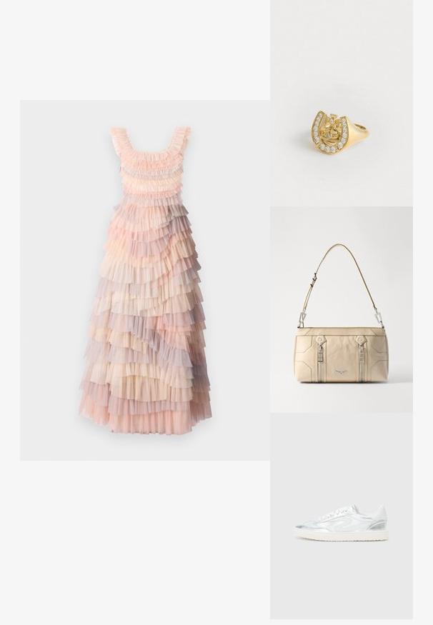 Gelaagde maxi-jurk met zachte tinten roze, crème en lila tule ruffles, textiel met structuur en een ronde halslijn.; Witte sneakers met metallic zilveren accenten, gladde textuur, ronde neus, platte zool en traditionele vetersluiting.; Beige leren handtas met zilveren hardware, twee zijritsen, gestructureerd ontwerp en een afneembare schouderband voor veelzijdigheid.; Gouden ring met een kroonontwerp binnen een hoefijzer, versierd met kleine heldere edelstenen, op een witte achtergrond.