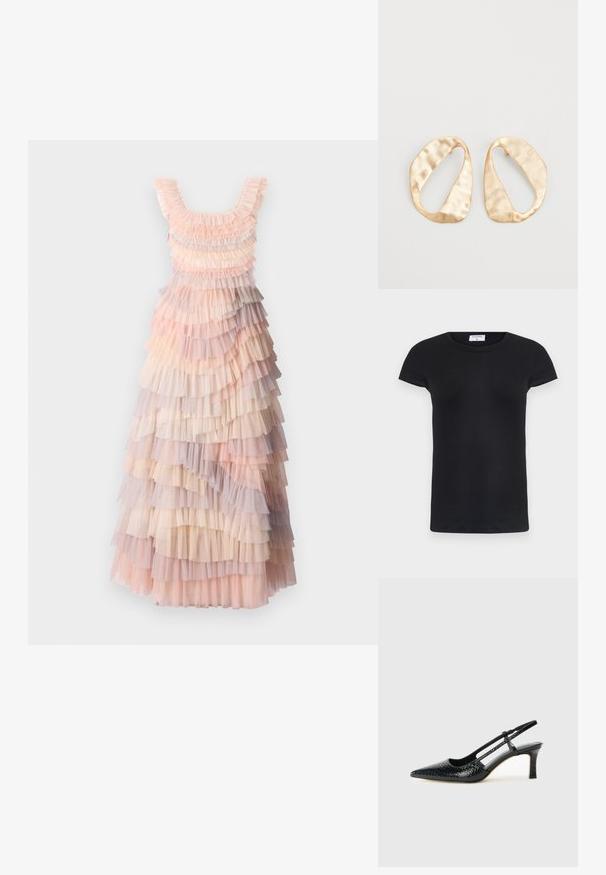Layered maxi dress featuring soft shades of pink, cream, and lilac tulle ruffles, textured fabric, and a scooped neckline.; Black ribbed T-shirt with a round neckline and short sleeves. Soft fabric with a fitted shape, featuring a label at the neck.; Black patent slingback heel with a pointed toe, featuring textured snake print, adjustable strap, and a short, textured block heel.; Pair of irregular oval-shaped gold-toned metal earrings with a textured, slightly hammered surface on a white background.